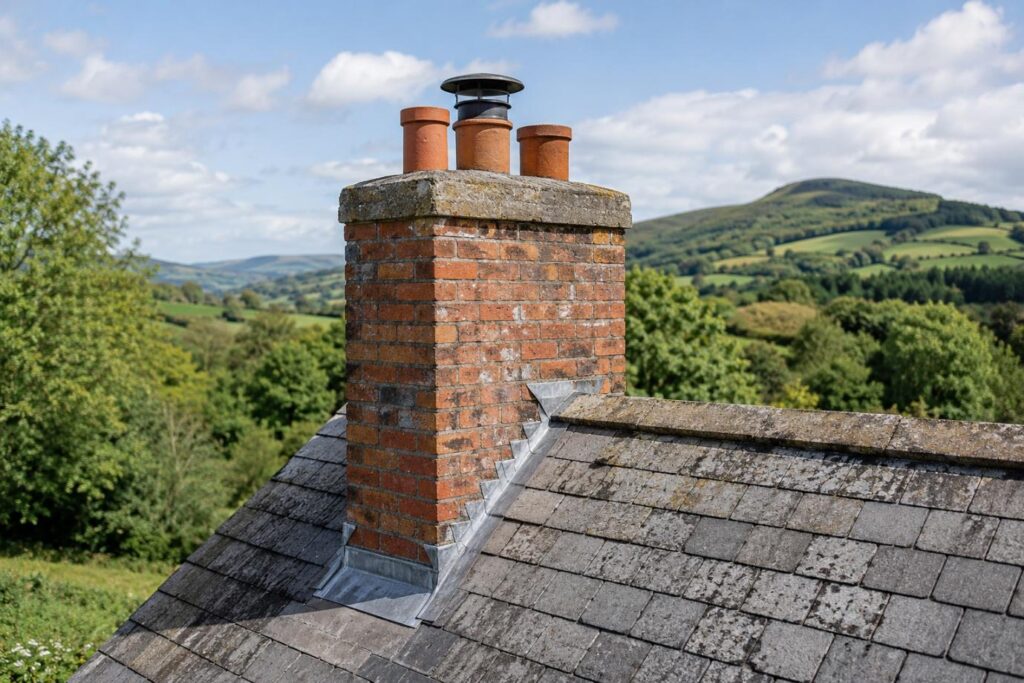 Photorealistic image of a weathered brick chimney with terracotta pots and a metal cowl on a natural grey slate roof, set against rolling green countryside hills, trees and a bright partly cloudy sky in rural Ireland.