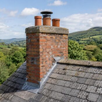 Photorealistic image of a weathered brick chimney with terracotta pots and a metal cowl on a natural grey slate roof, set against rolling green countryside hills, trees and a bright partly cloudy sky in rural Ireland.